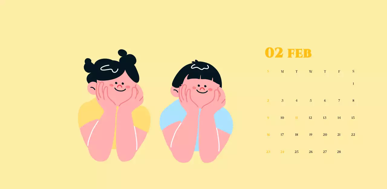 黄緑色の背景に青少年のイラストが描かれたカレンダー