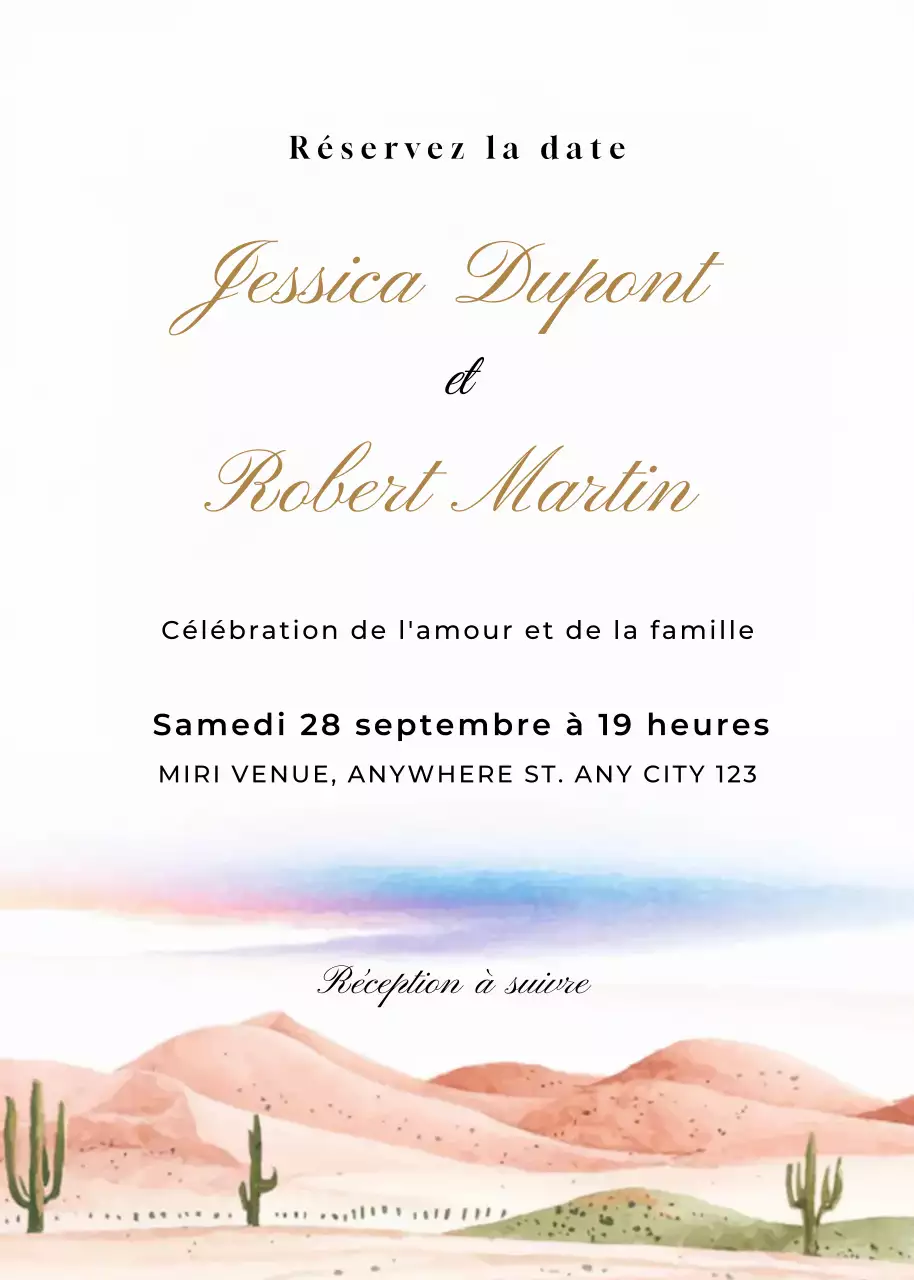 Invitation de mariage beige or vert bleu style élégant