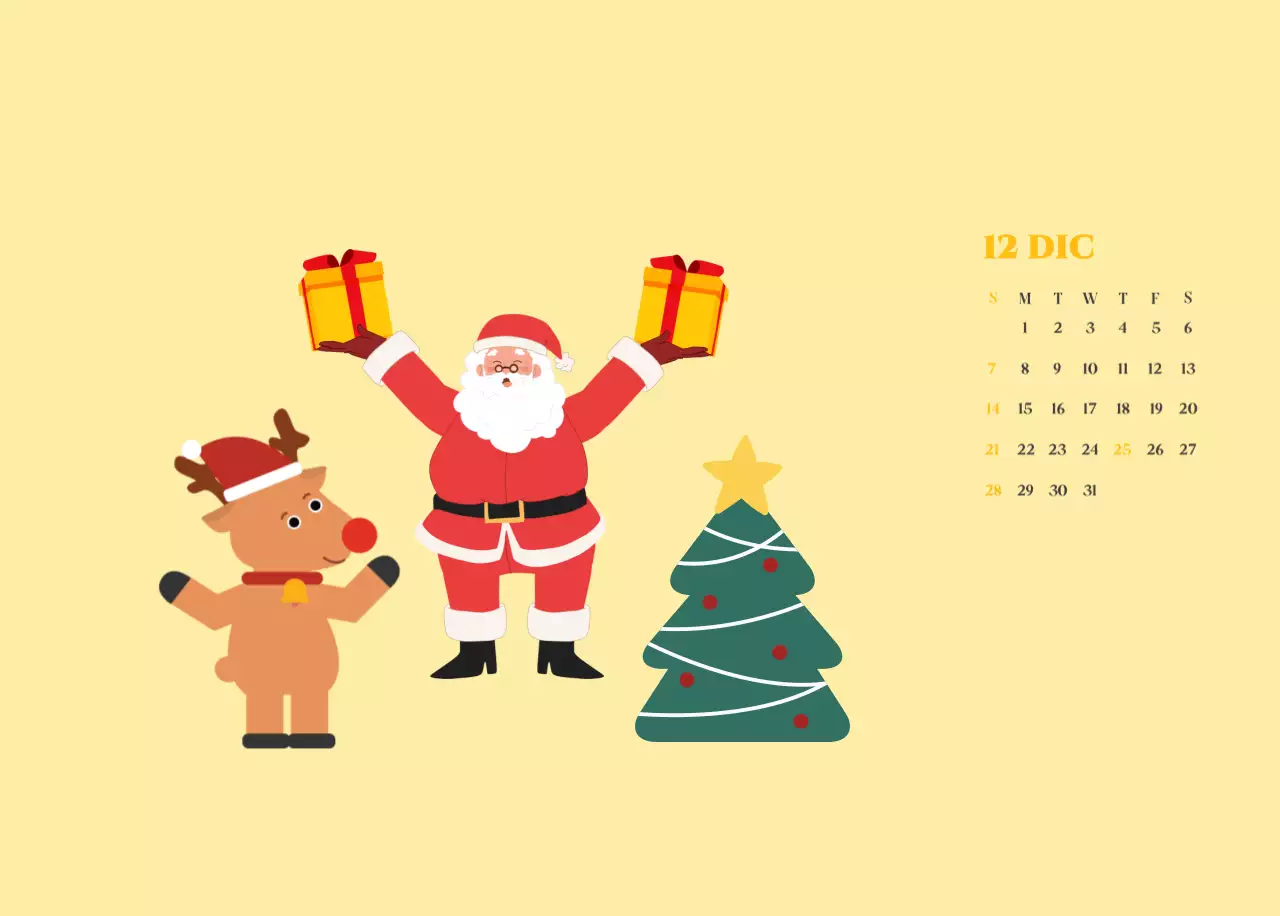 Calendario con ilustraciones juveniles sobre fondo amarillo verdoso