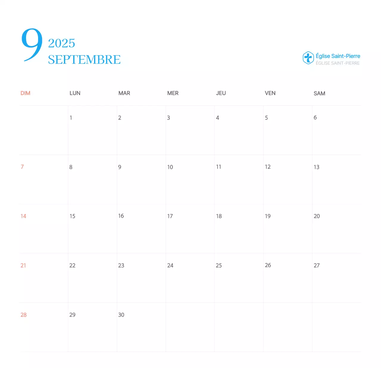 Calendrier d'église moderne bleu