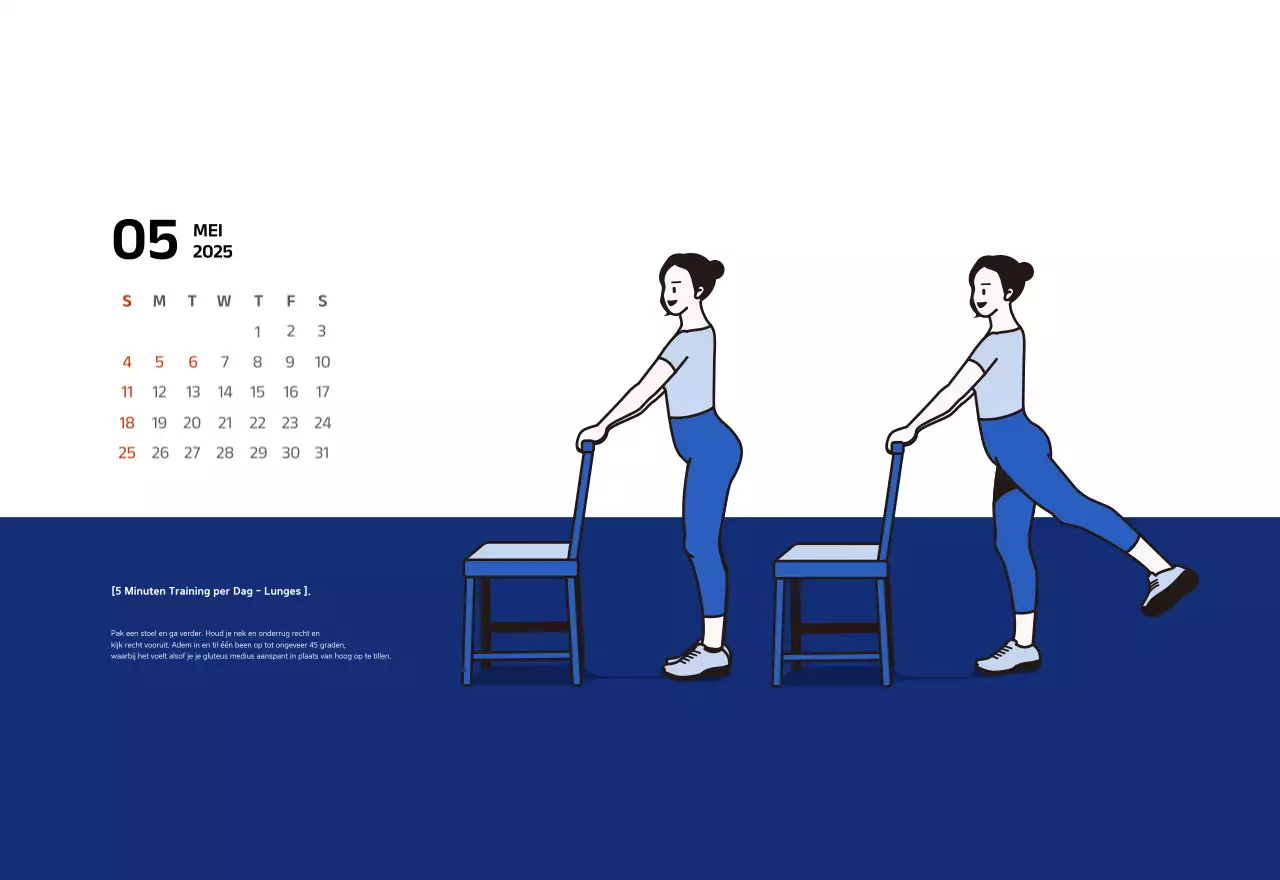 Eenvoudige kalender met blauwe, strakke illustraties