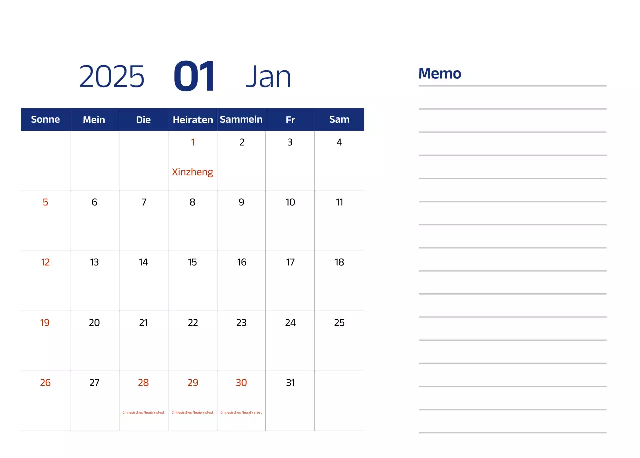 Einfacher Kalender mit blauen, klaren Illustrationen