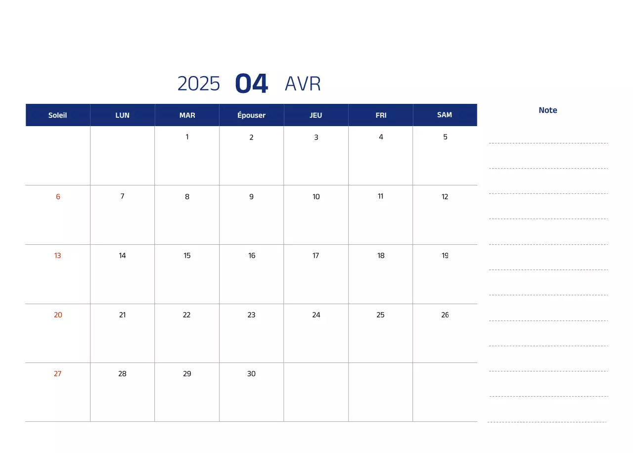 Calendrier simple avec des illustrations bleues et épurées