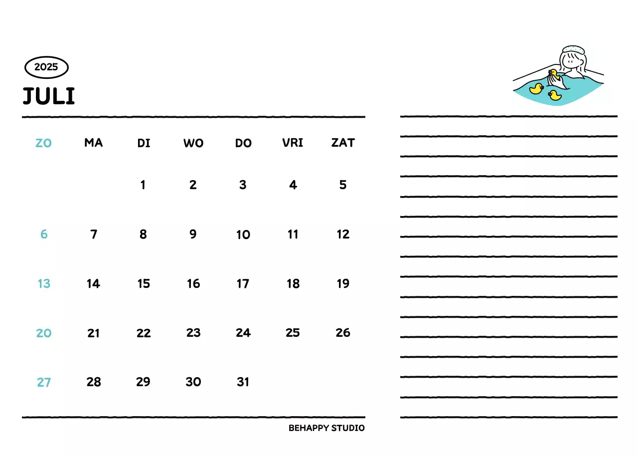 Geïllustreerde kalender met een mooie lijnstijl