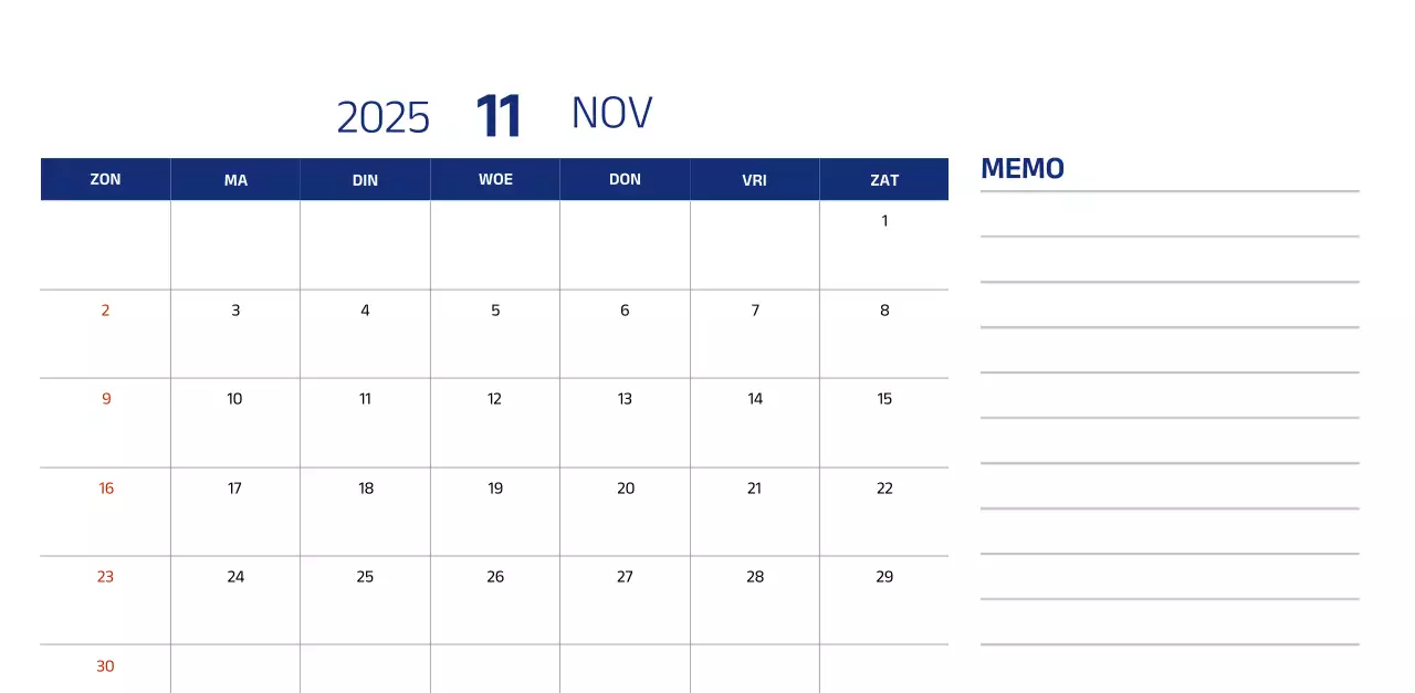 Eenvoudige kalender met blauwe, strakke illustraties