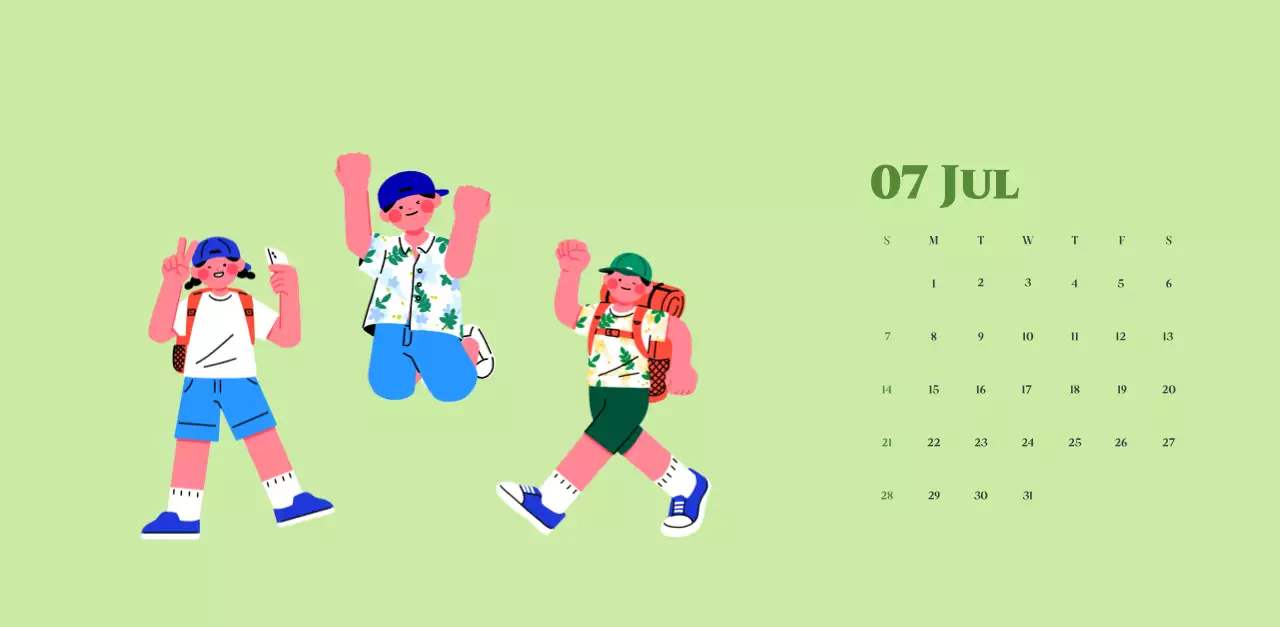 Kalender mit Jugendillustrationen auf gelb-grünem Hintergrund