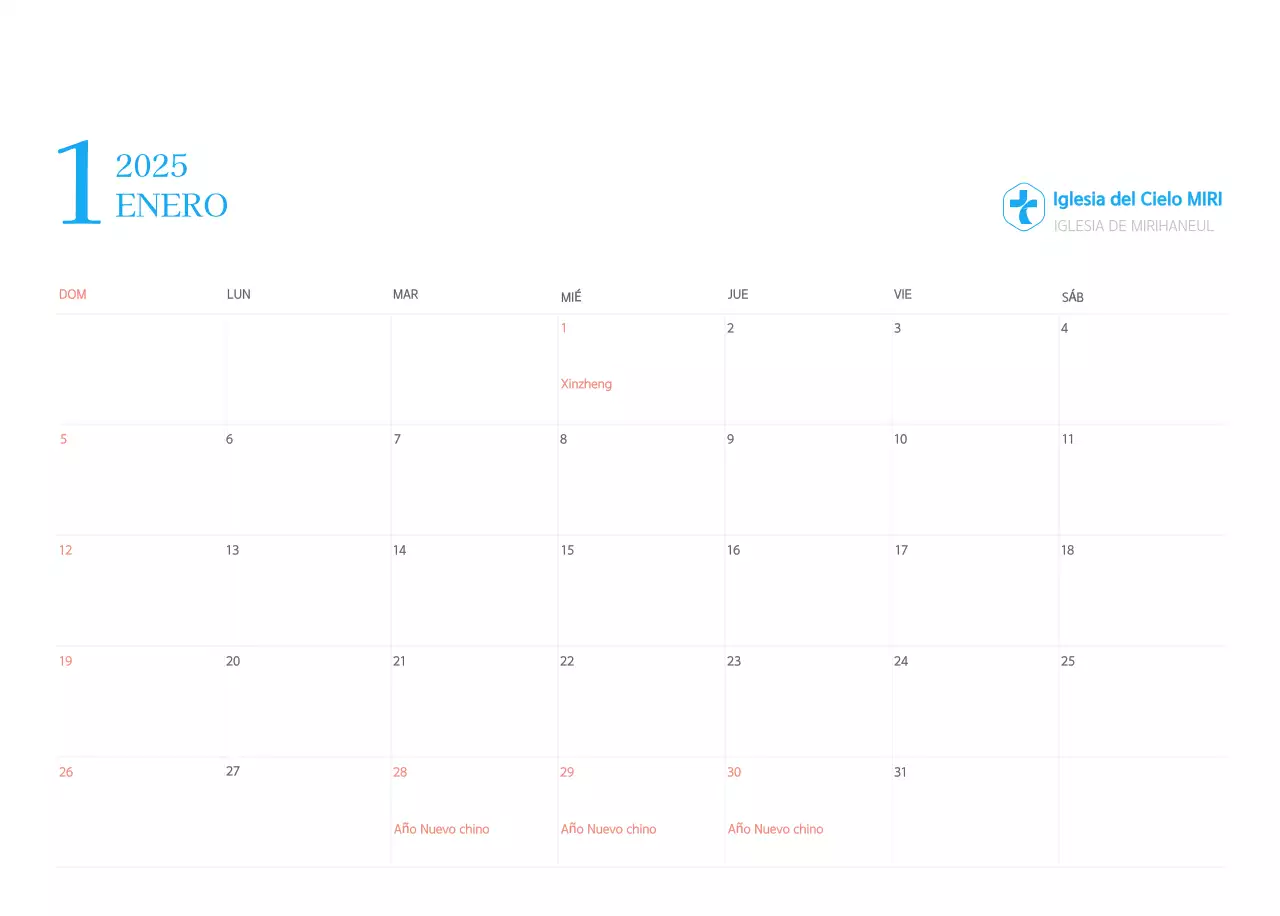 Calendario eclesiástico azul de concepto moderno
