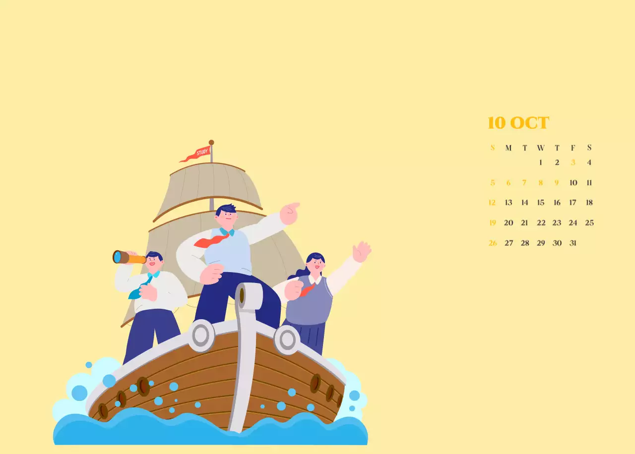 Calendrier avec illustrations de jeunes sur fond jaune-vert