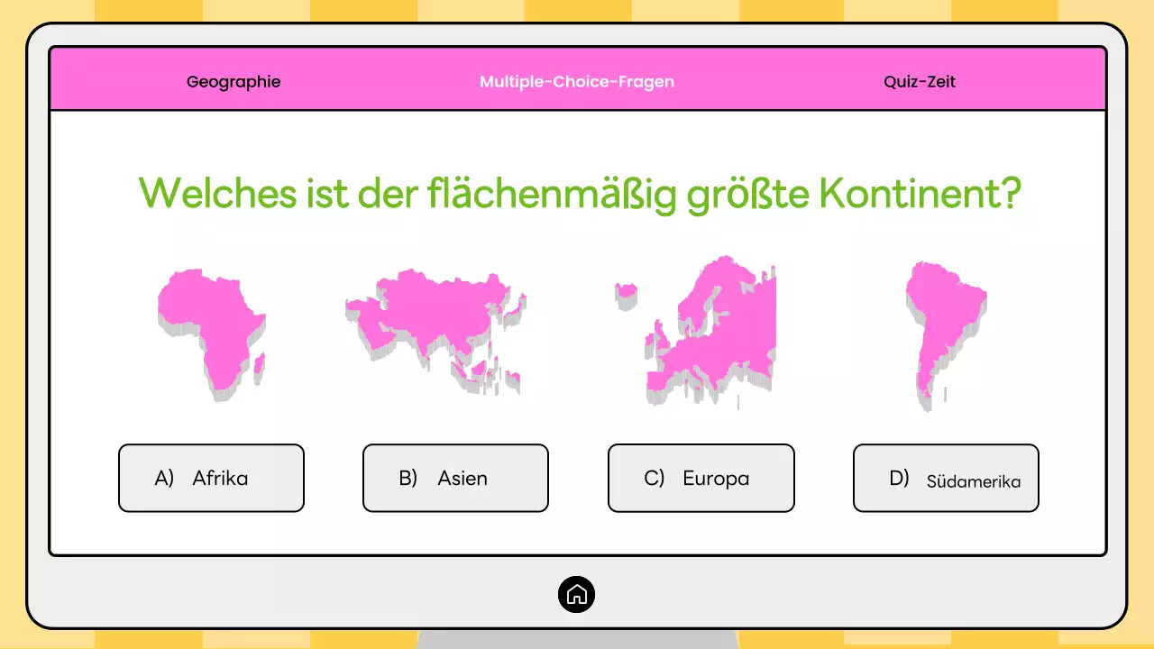 Rosa und gelbes Quiz zur modernen Geografie