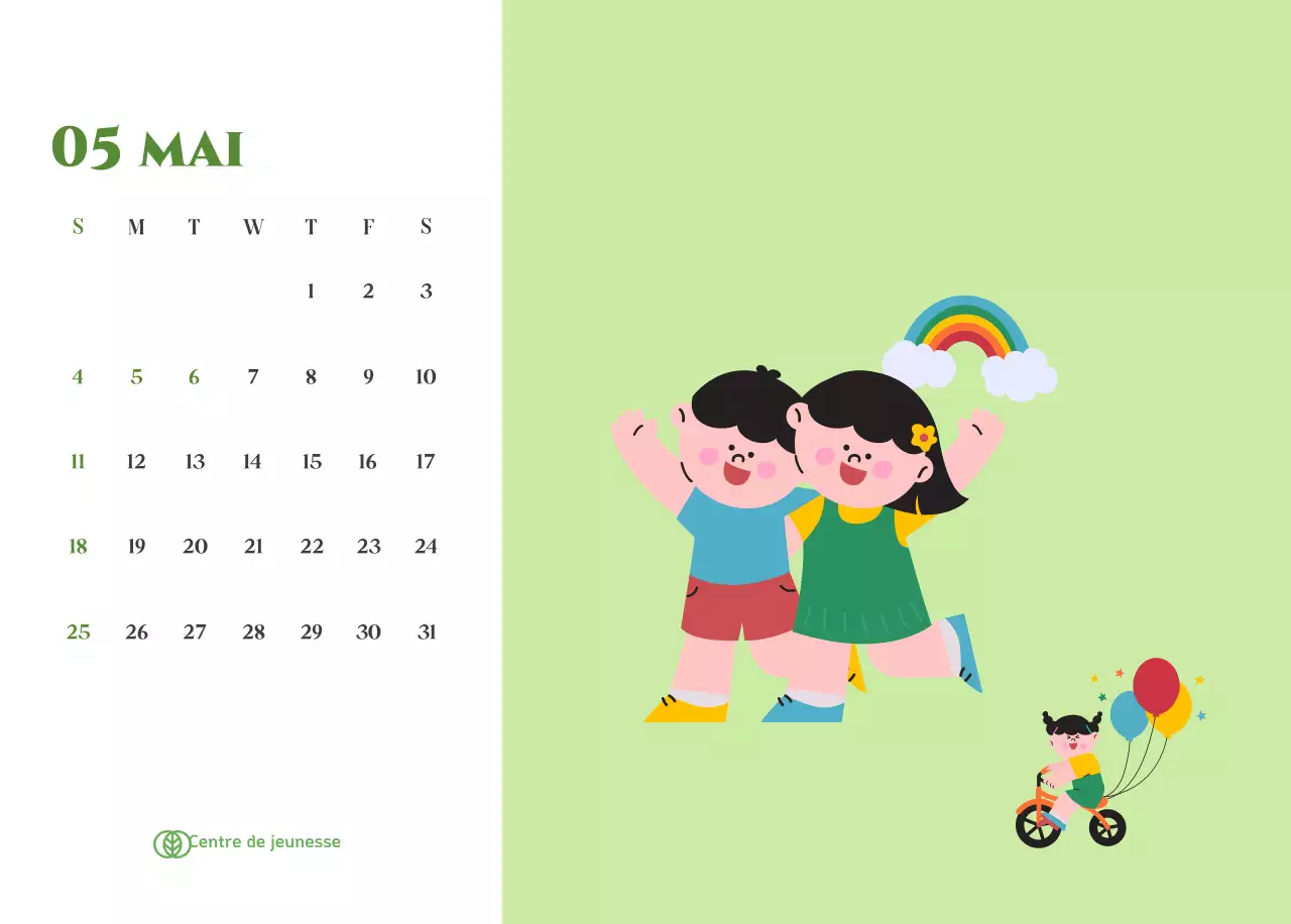 Calendrier avec illustrations de jeunes sur fond jaune-vert