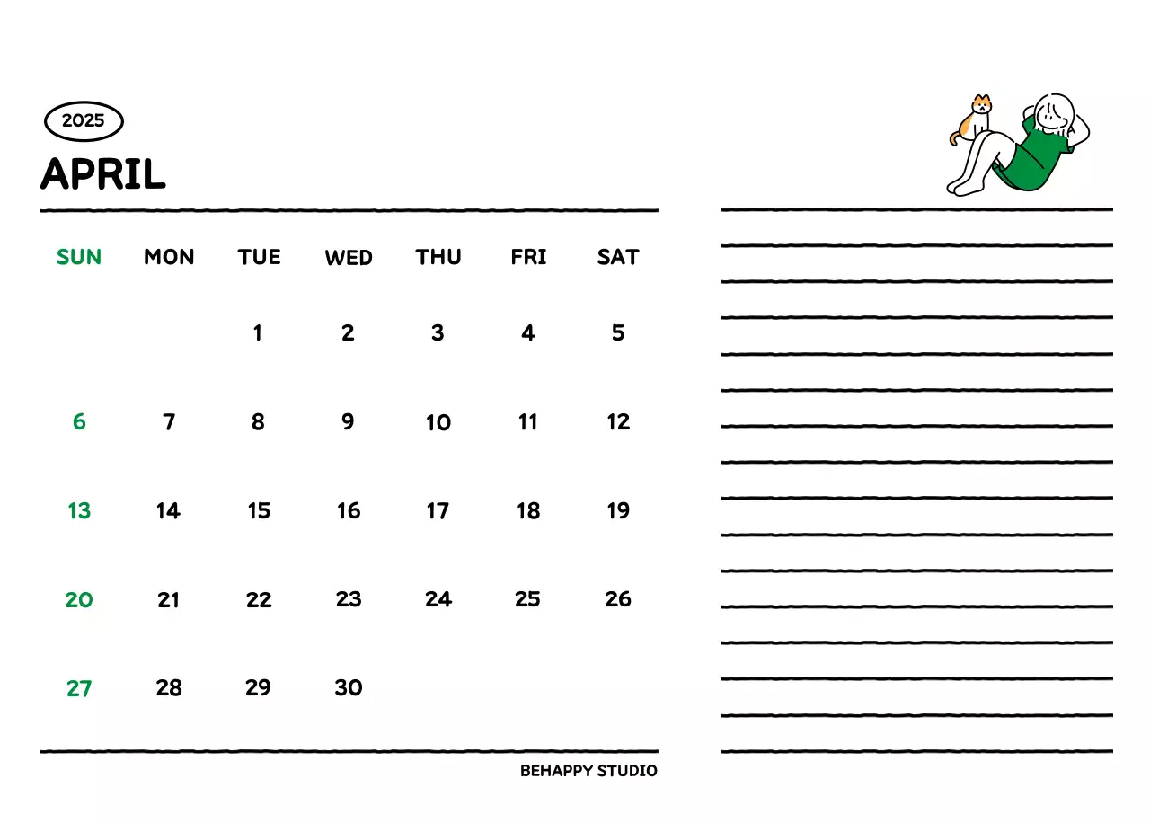 Illustrated calendar with a cute line style