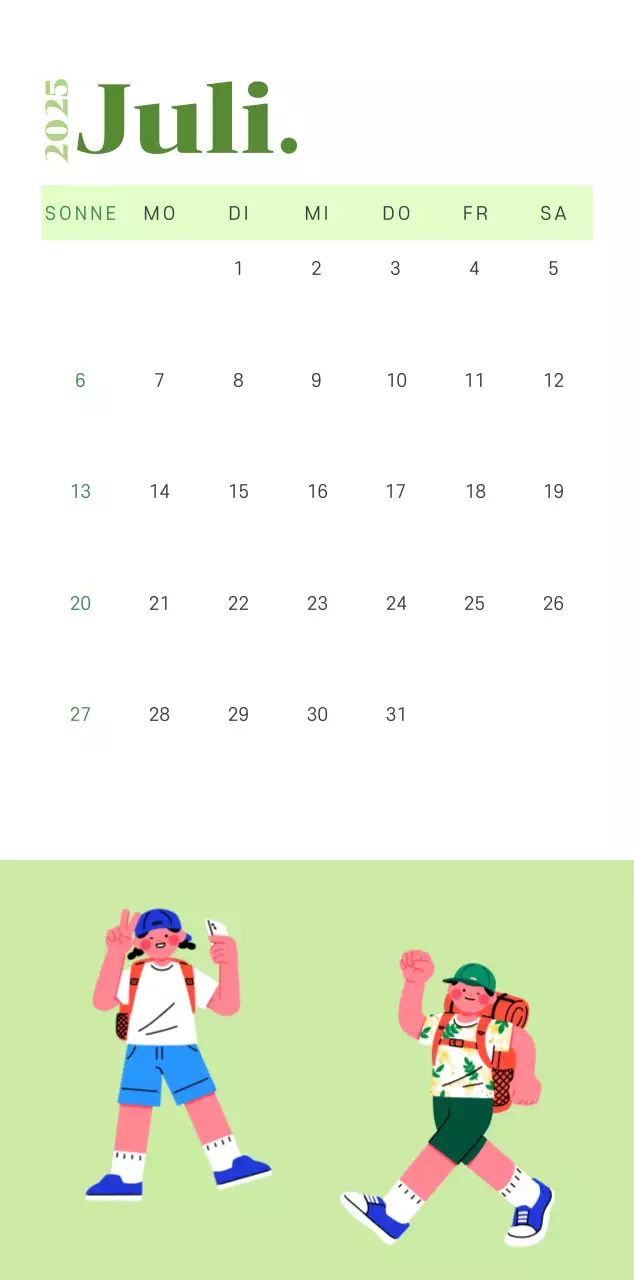 Kalender mit Jugendillustrationen auf gelb-grünem Hintergrund