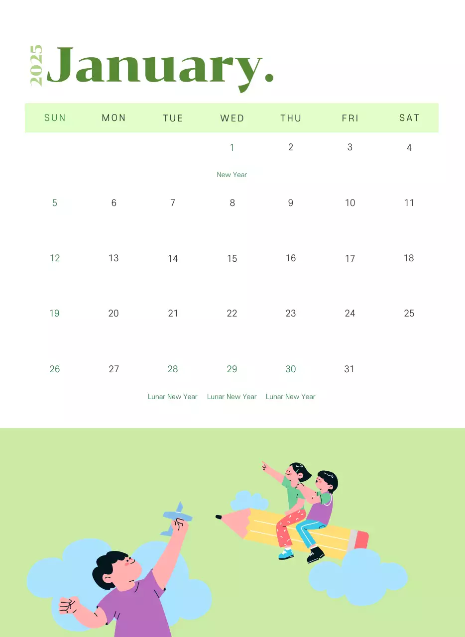 Kalender dengan ilustrasi anak muda dengan latar belakang kuning-hijau