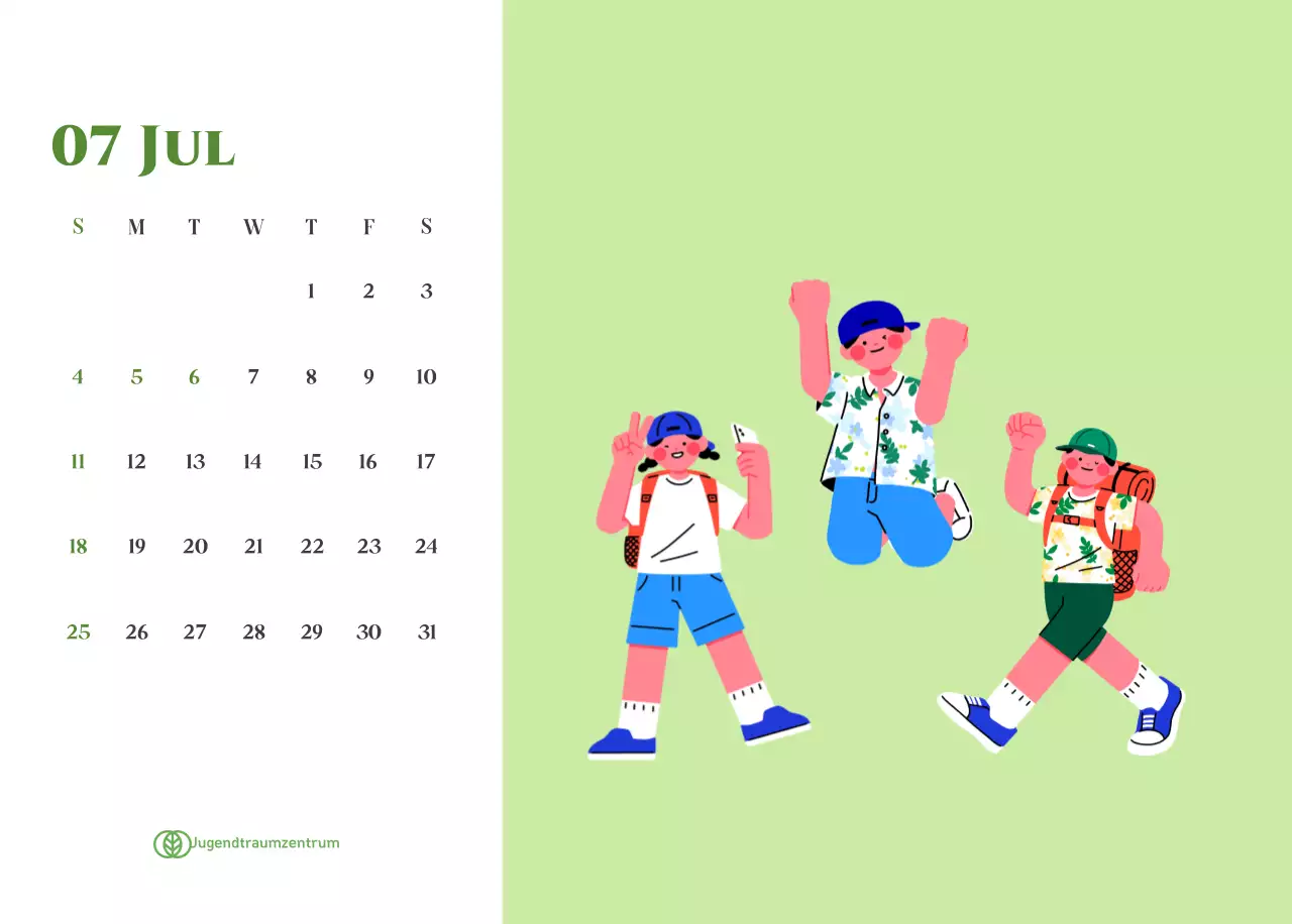 Kalender mit Jugendillustrationen auf gelb-grünem Hintergrund