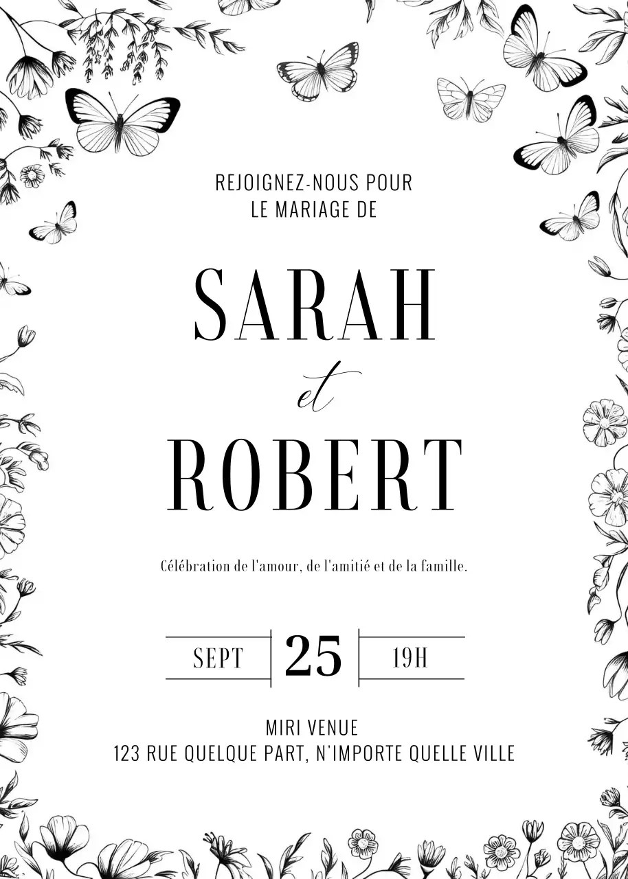 Invitation de mariage noir et blanc style élégant