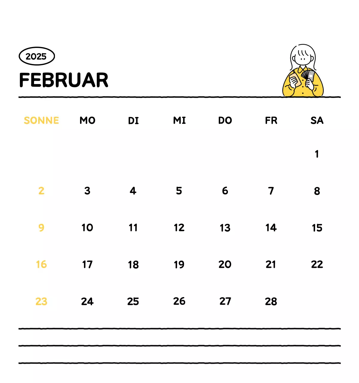 Illustrierter Kalender mit schönem Linienstil