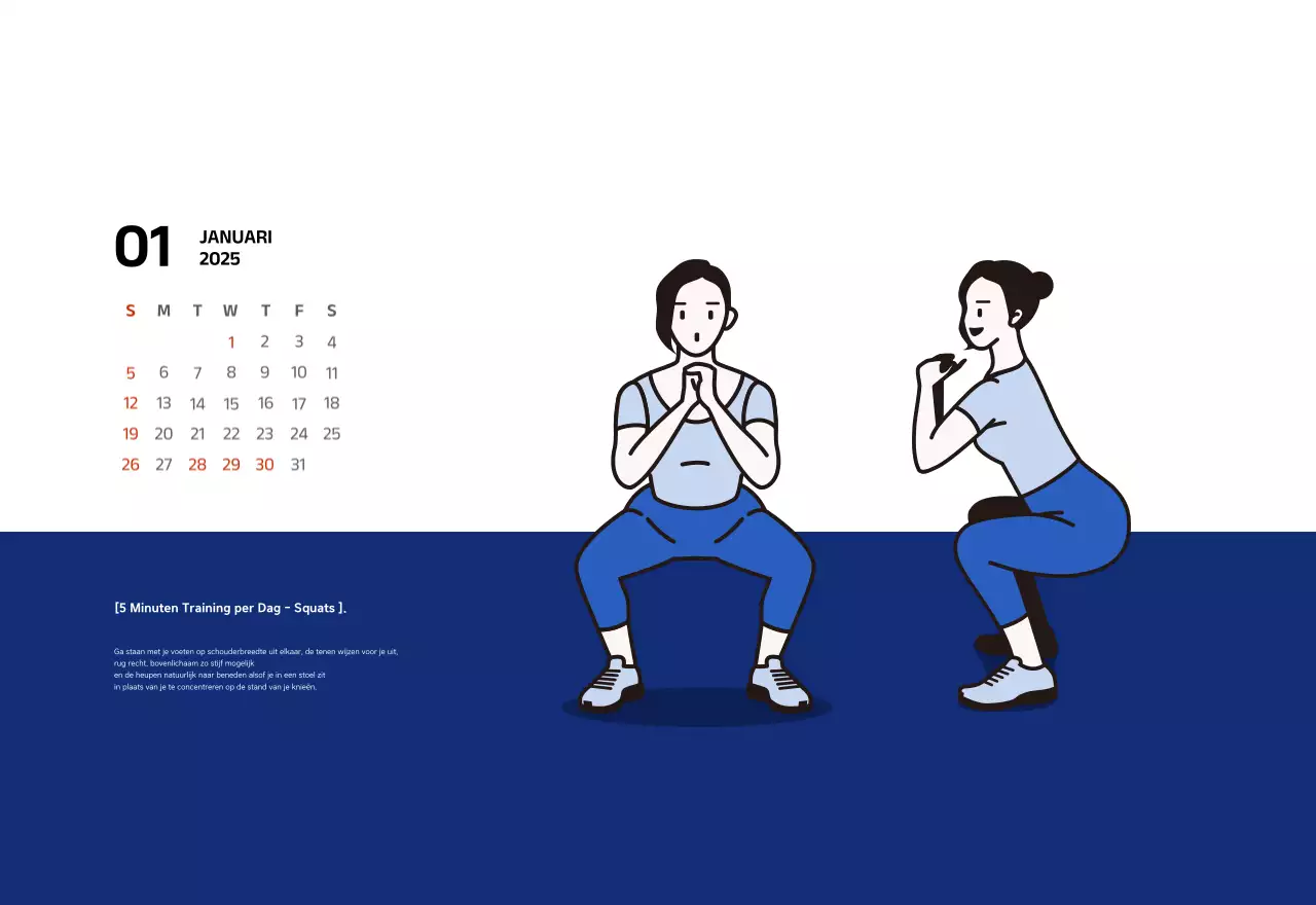 Eenvoudige kalender met blauwe, strakke illustraties