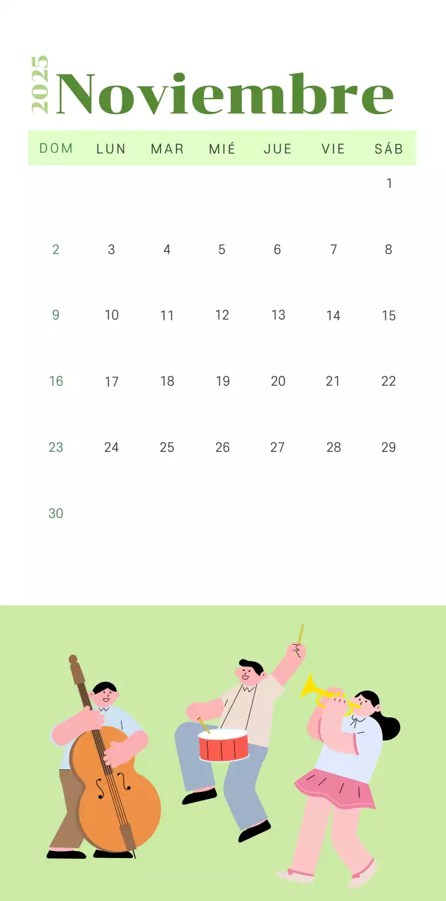 Calendario con ilustraciones juveniles sobre fondo amarillo verdoso