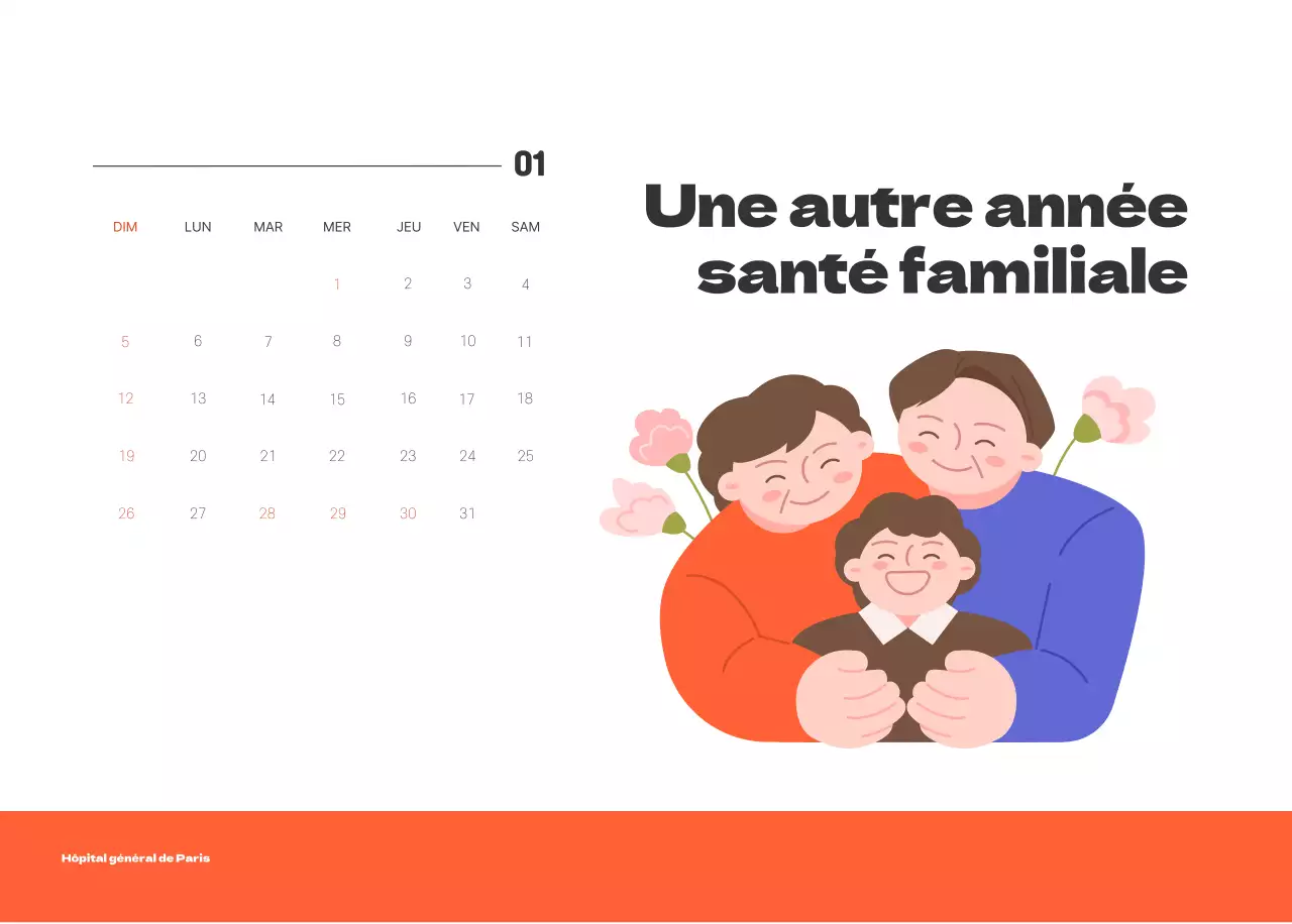 Un hôpital festif avec des illustrations sur le thème de la santé et de la famille et des accents colorés.