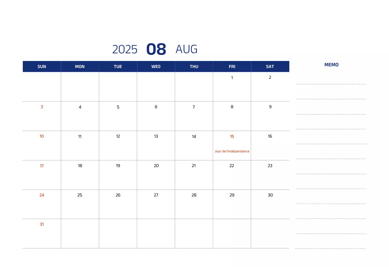 Calendrier simple avec des illustrations bleues et épurées
