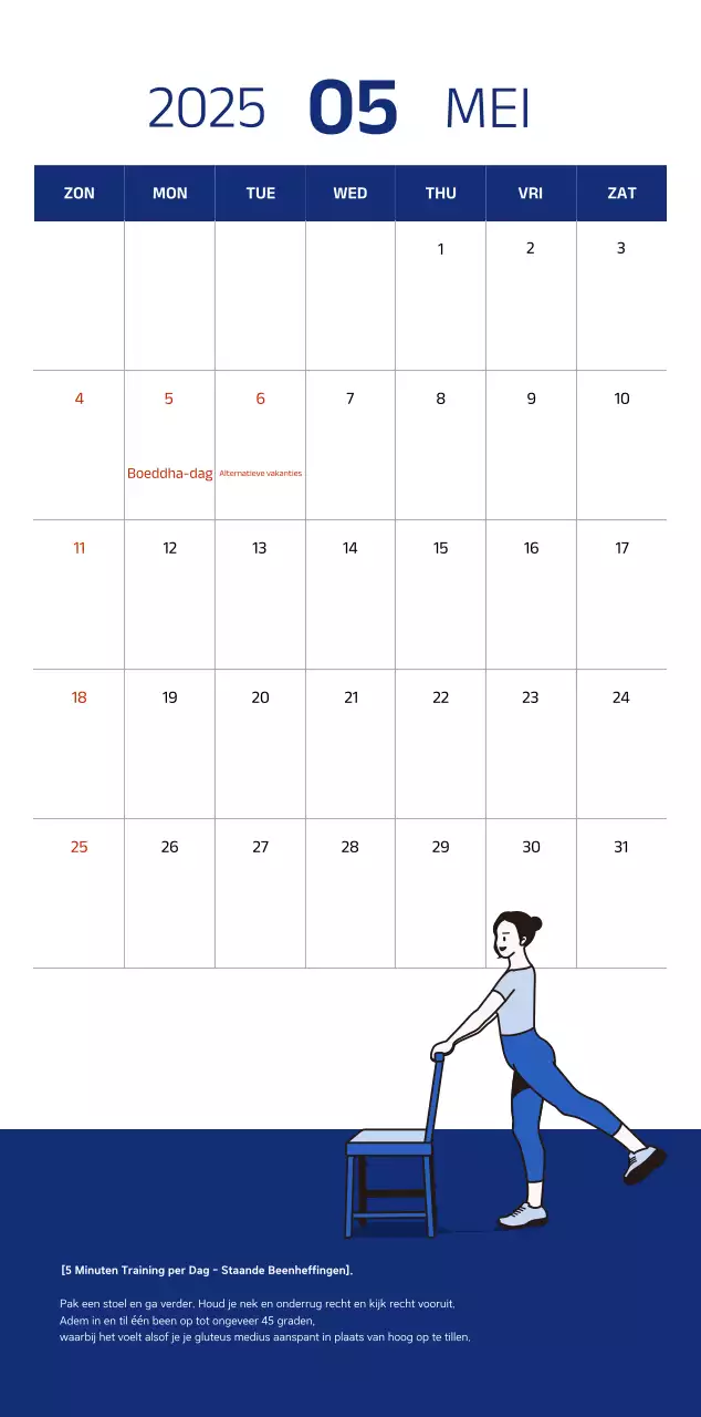 Eenvoudige kalender met blauwe, strakke illustraties