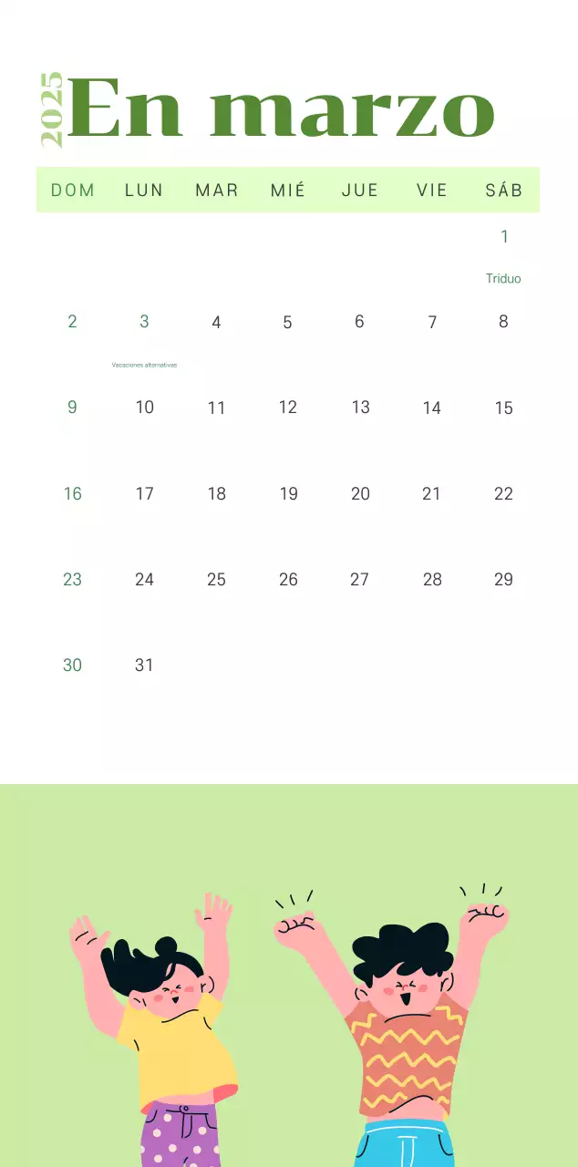 Calendario con ilustraciones juveniles sobre fondo amarillo verdoso