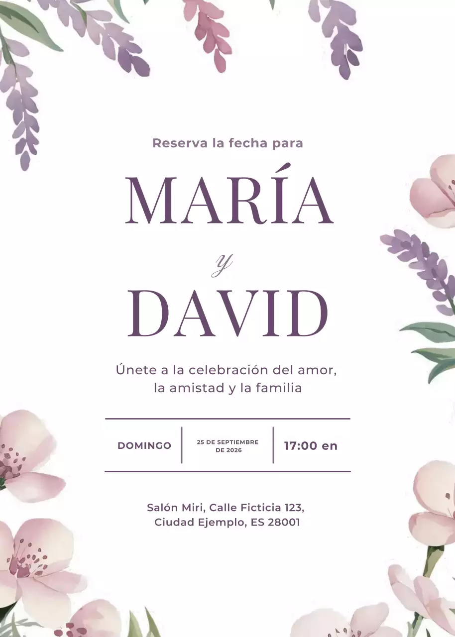 Invitación de boda verde púrpura estilo elegante