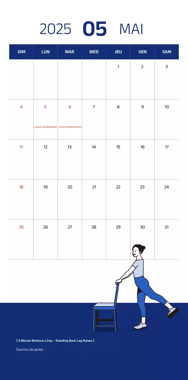 Calendrier simple avec des illustrations bleues et épurées