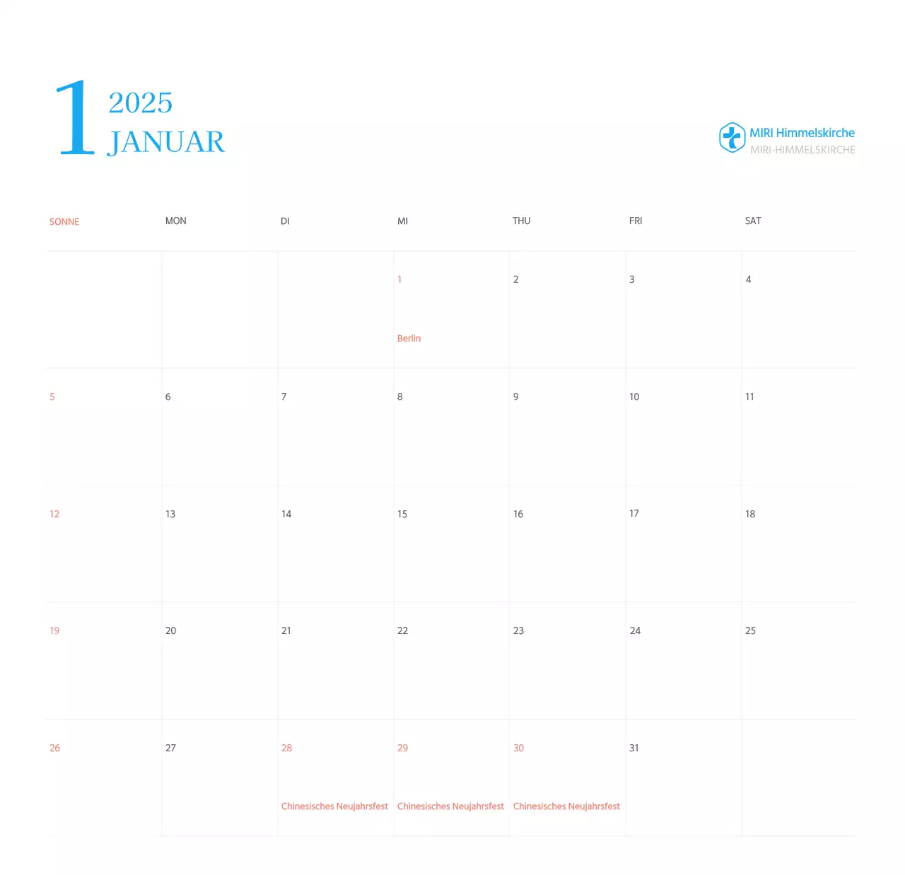 Blaues modernes Konzept Kirchenkalender