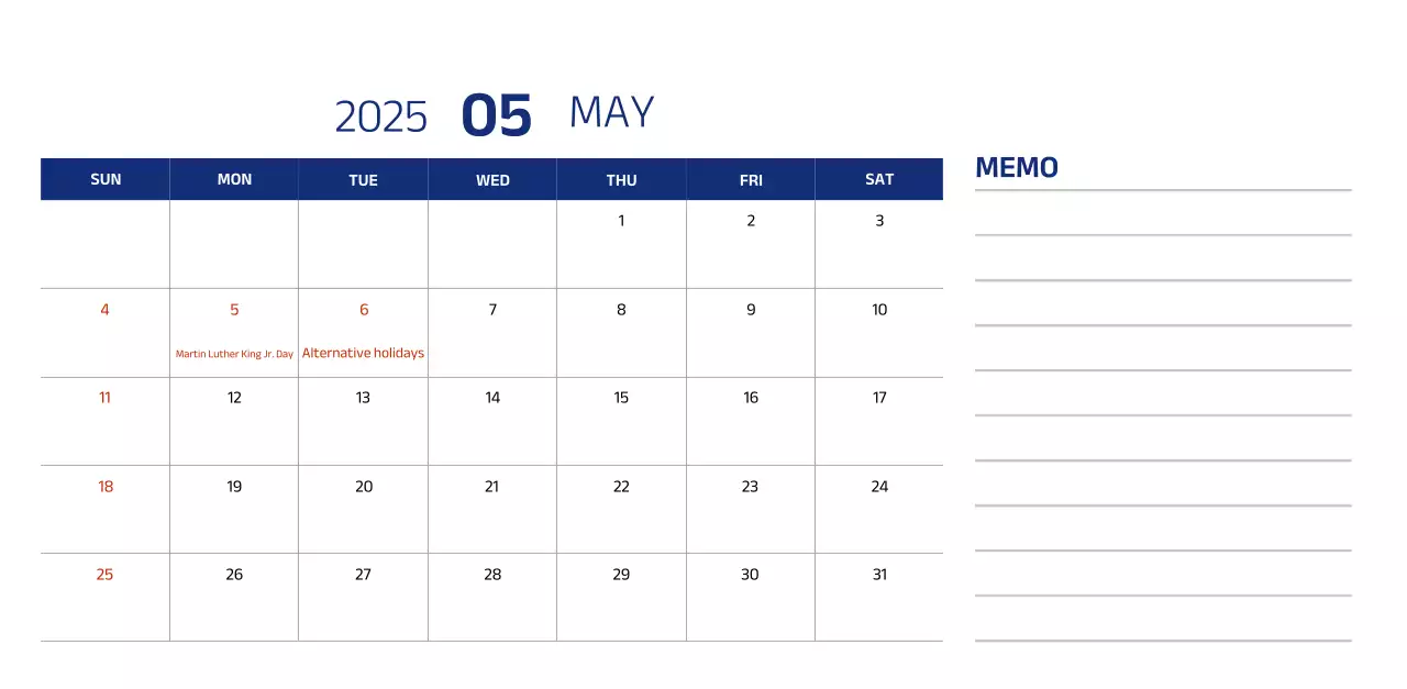 Simple calendar with blue, clean illustrations