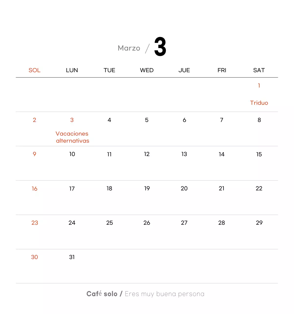 Calendario de café minimalista