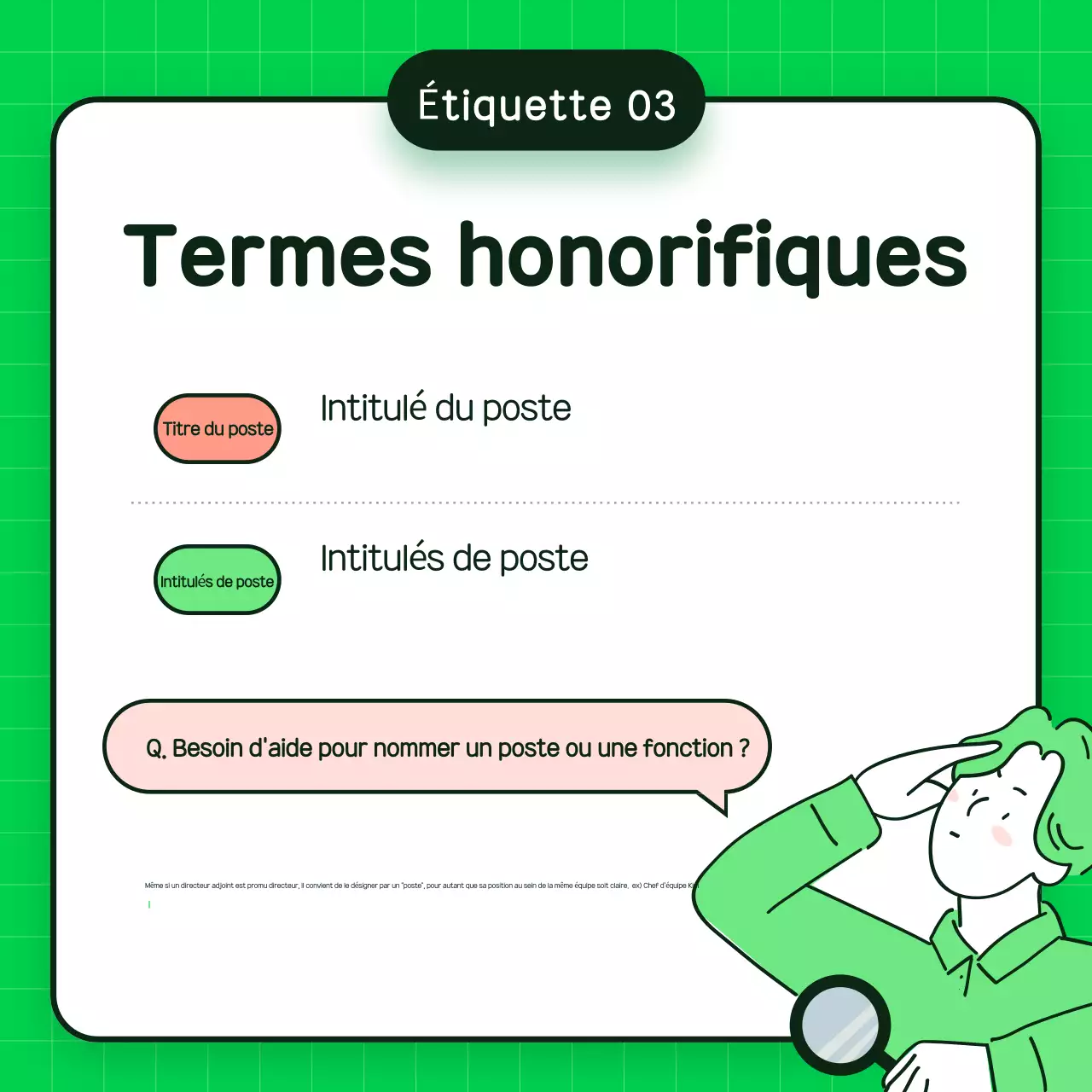 Matériel de formation à l'étiquette verte et simple sur le lieu de travail
