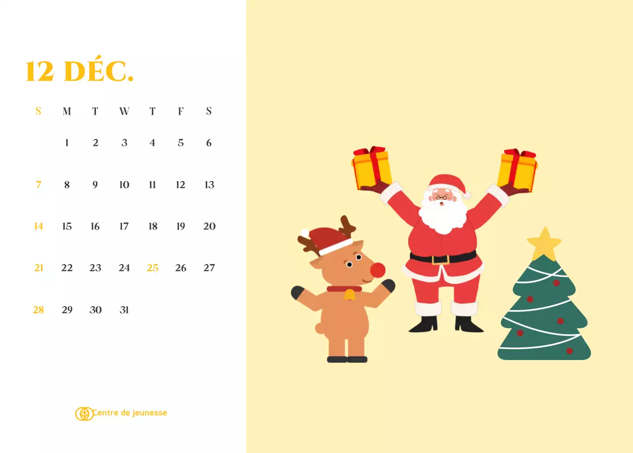 Calendrier avec illustrations de jeunes sur fond jaune-vert