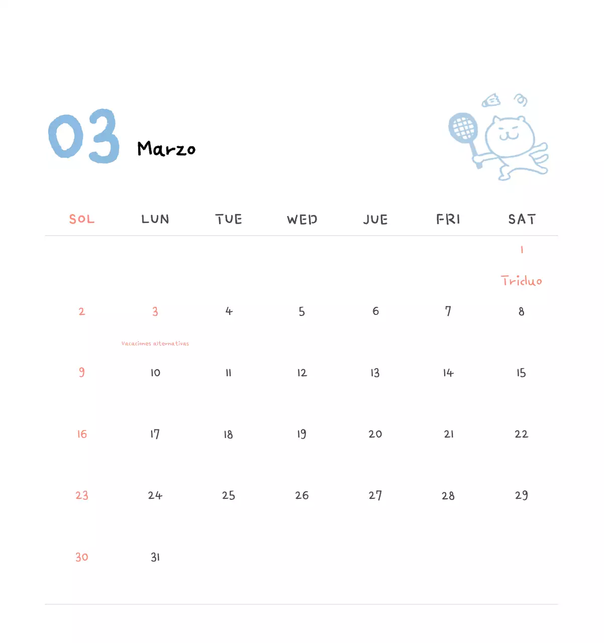 Calendario diario en marfil