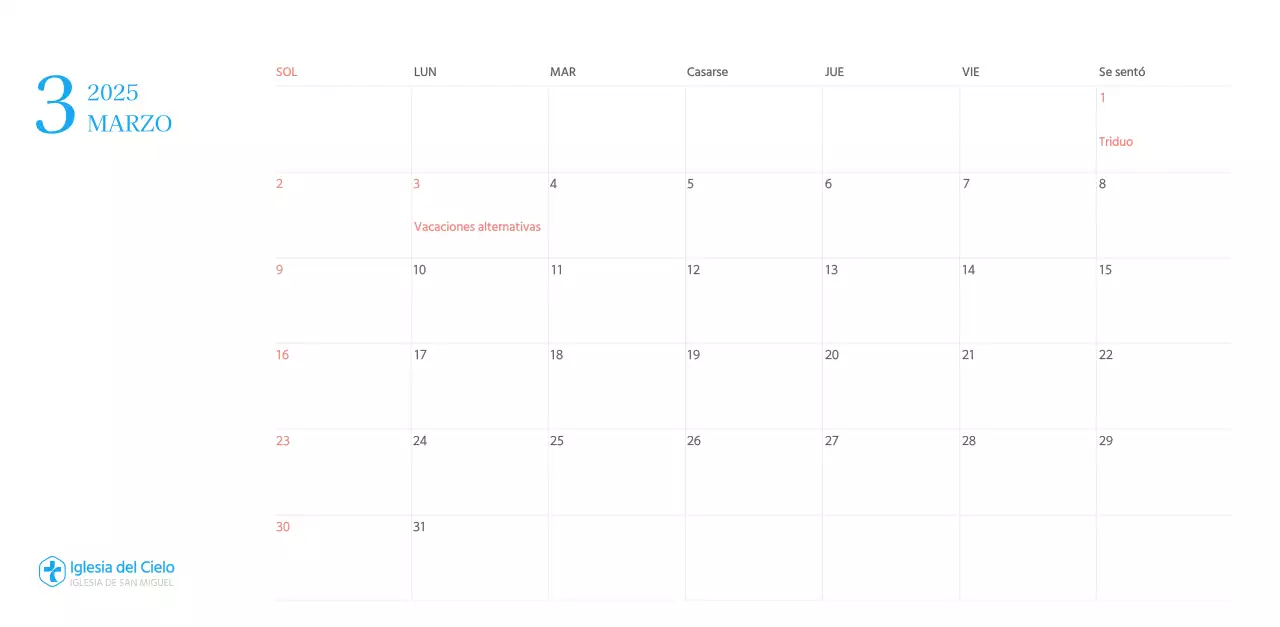 Calendario eclesiástico azul de concepto moderno