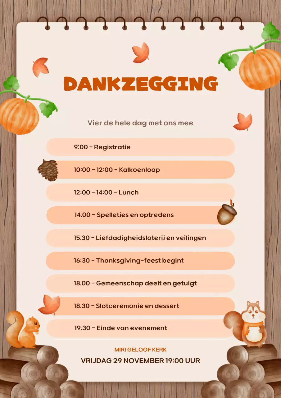 oranje rustiek Thanksgiving evenement schema
