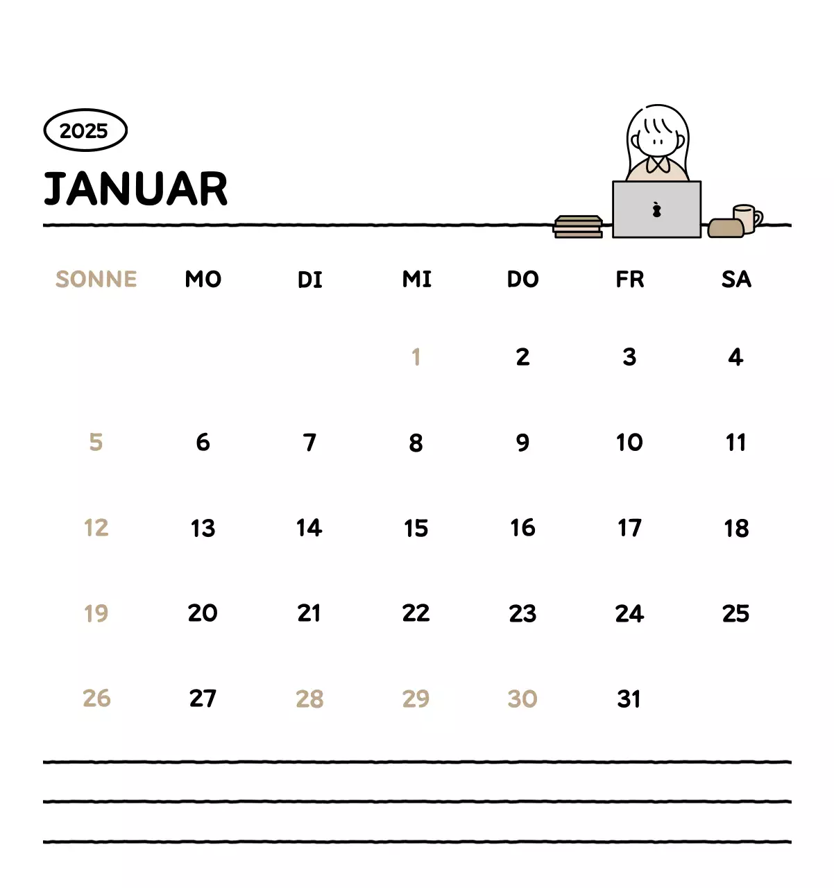 Illustrierter Kalender mit schönem Linienstil