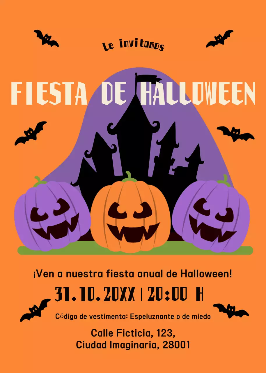 Invitación fiesta Halloween negro naranja morado
