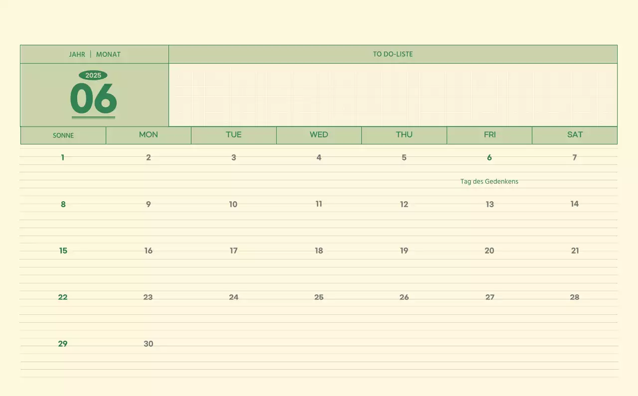 SAT D-Day Notizblock Konzept Wandkalender in grün und hellgelb