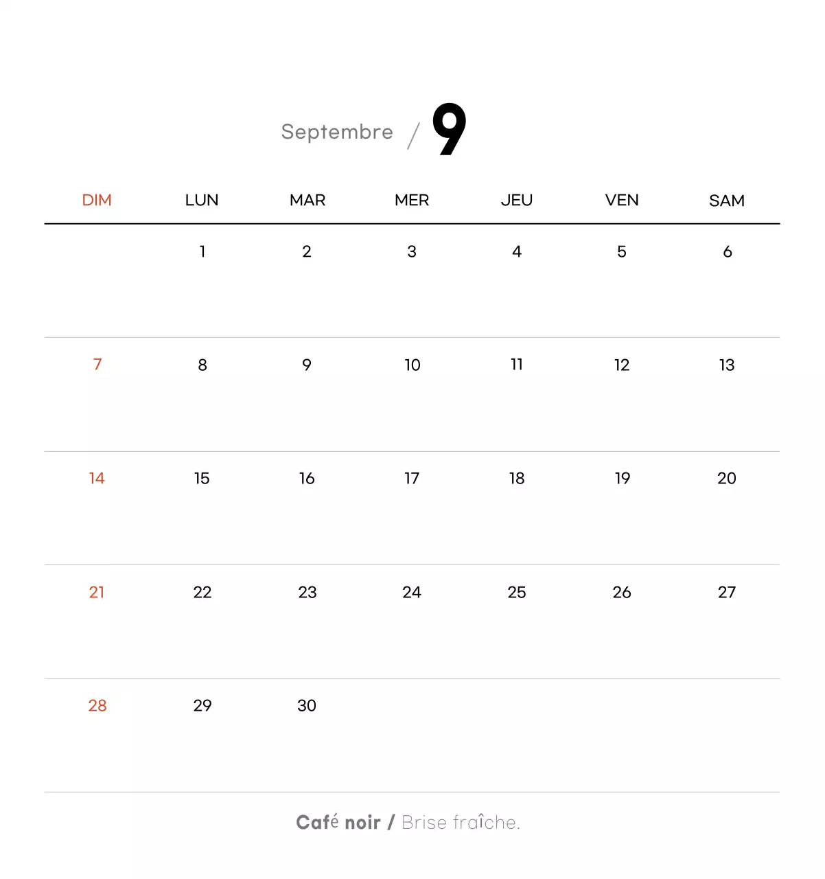Calendrier minimaliste pour le café