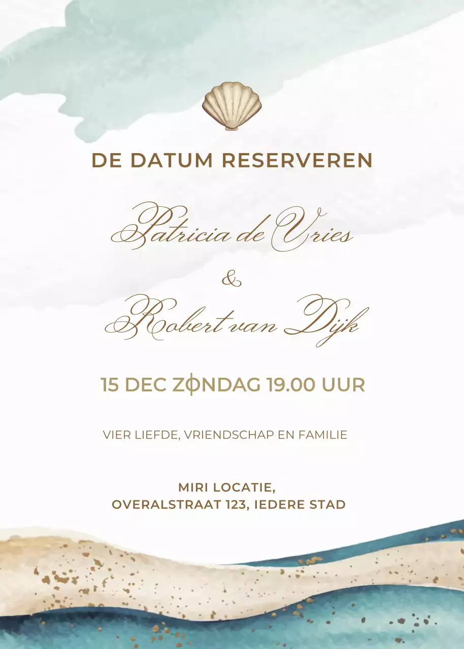 Beige blauw gouden huwelijksuitnodiging elegante stijl