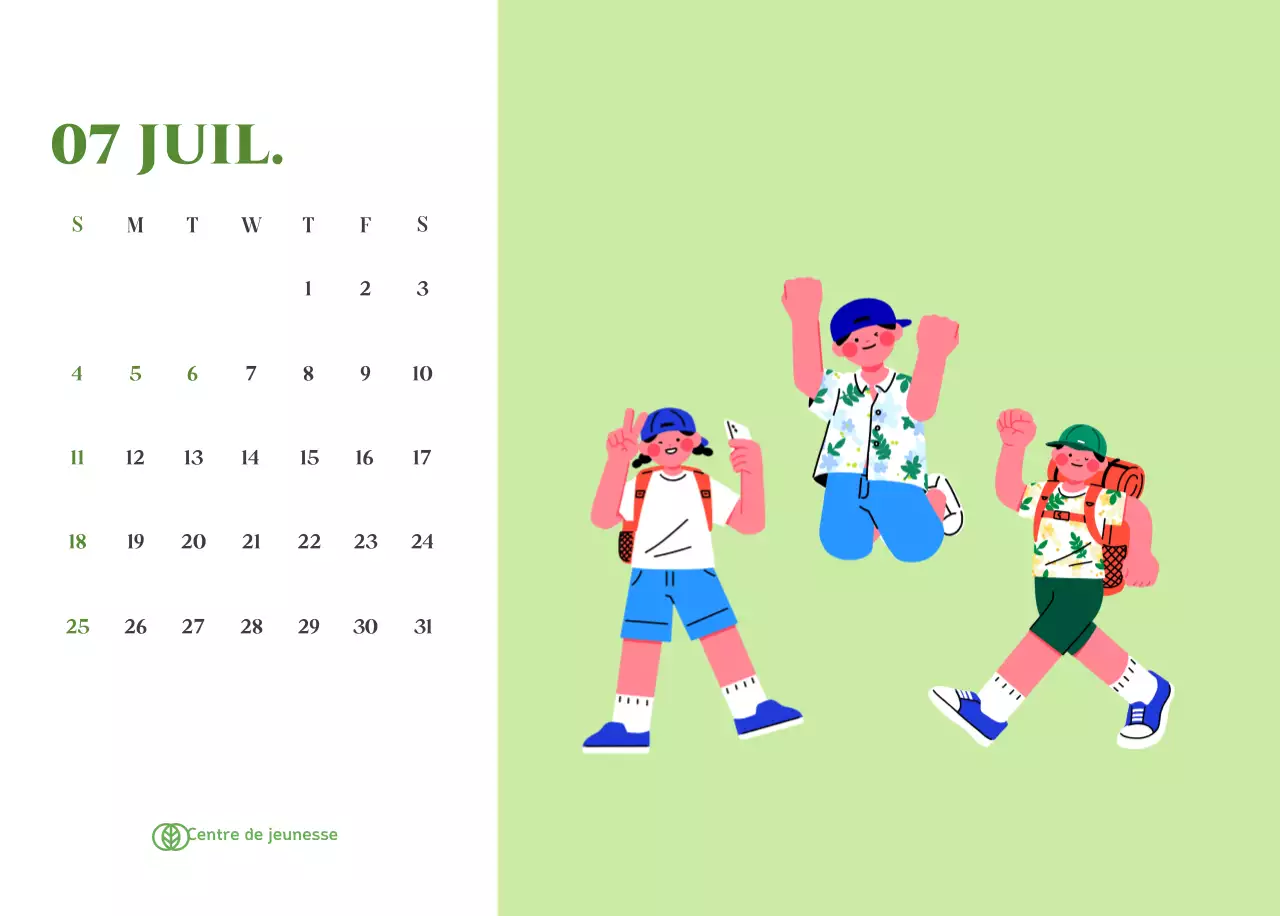Calendrier avec illustrations de jeunes sur fond jaune-vert