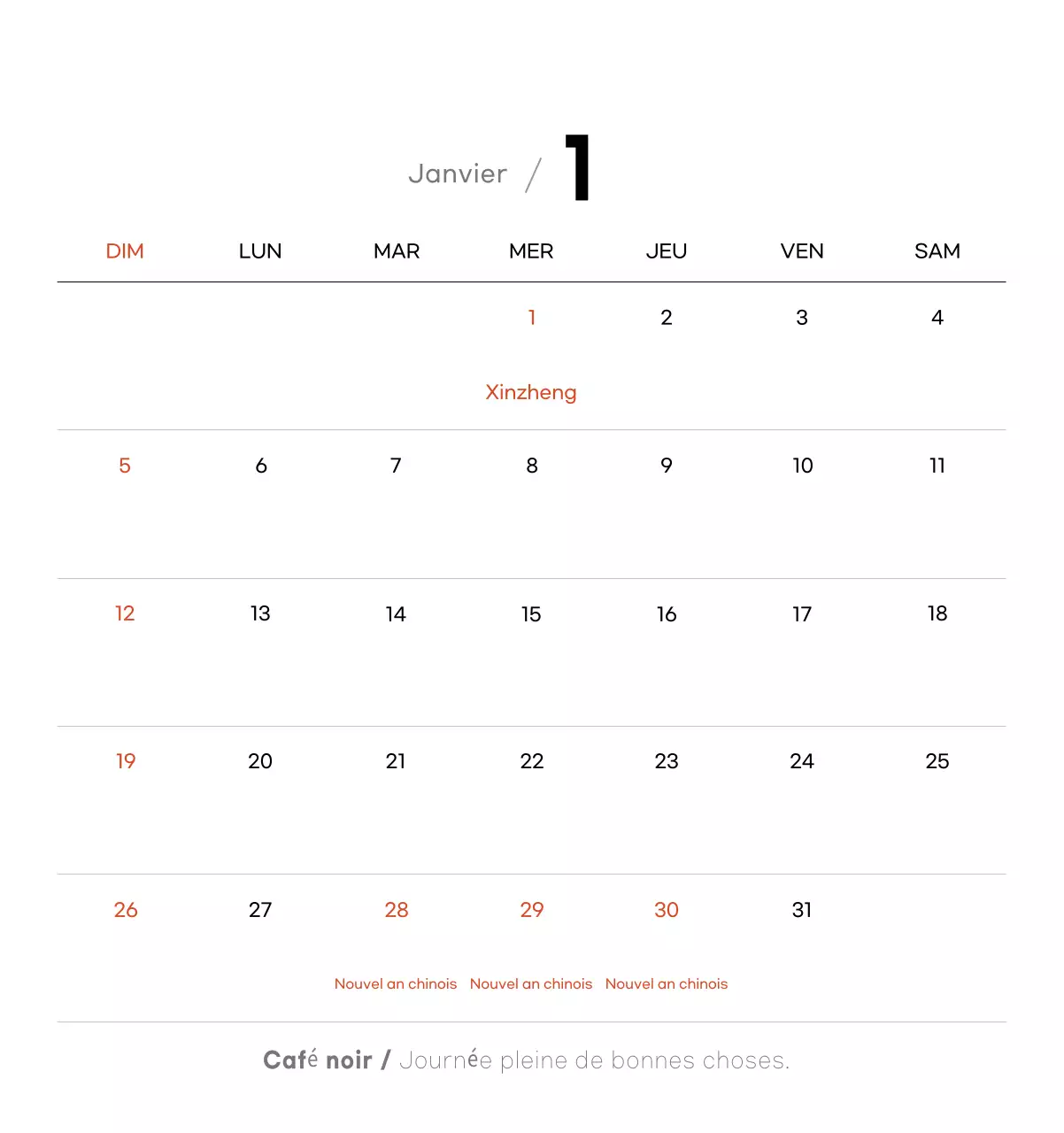 Calendrier minimaliste pour le café