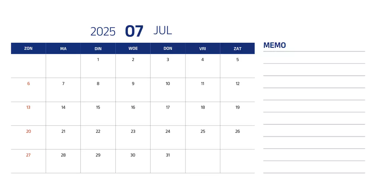 Eenvoudige kalender met blauwe, strakke illustraties