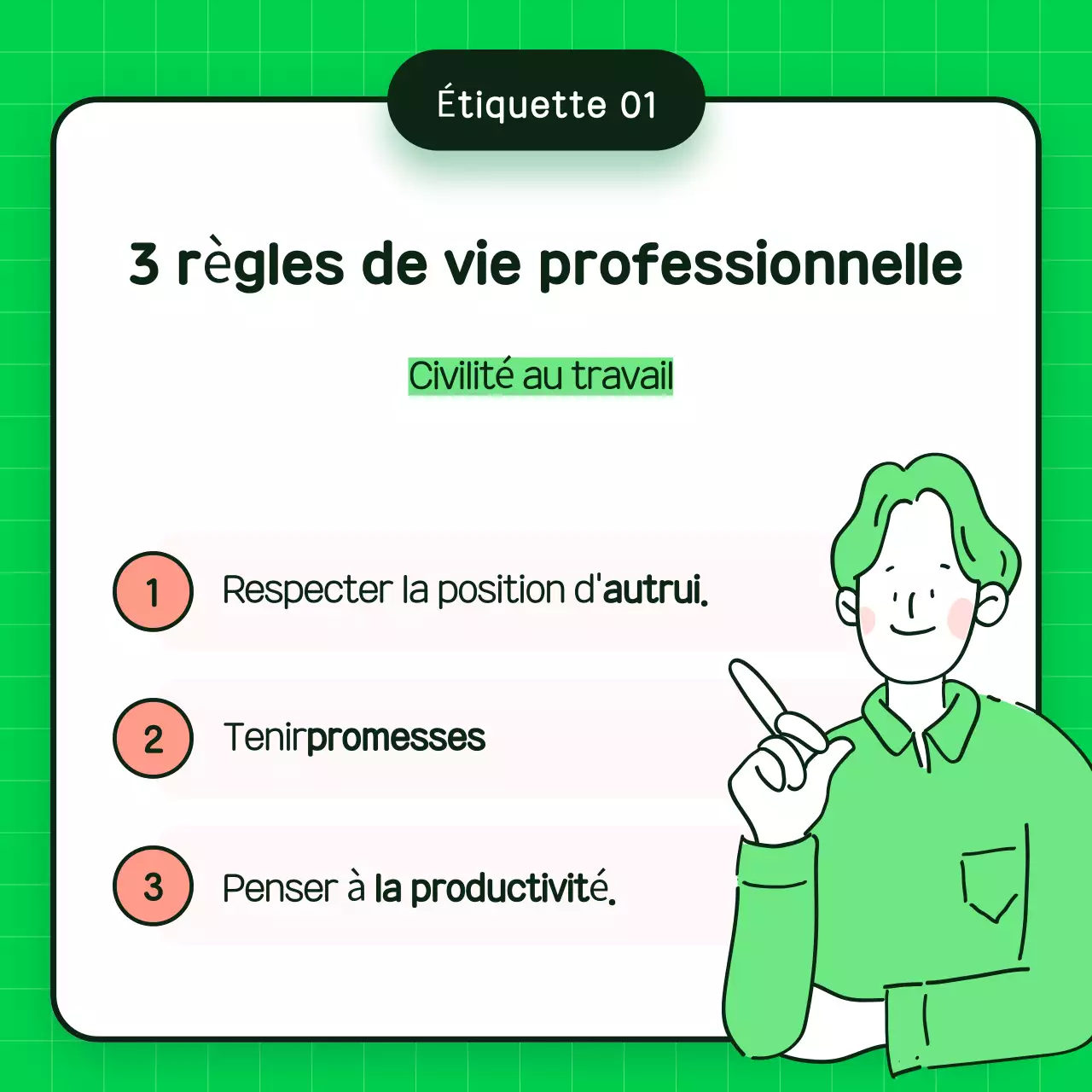 Matériel de formation à l'étiquette verte et simple sur le lieu de travail