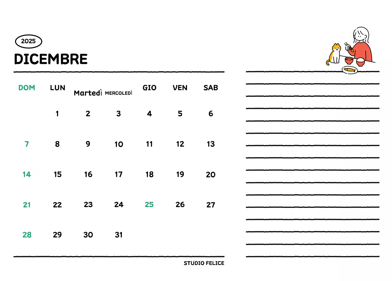 Calendario illustrato con un grazioso stile di linee