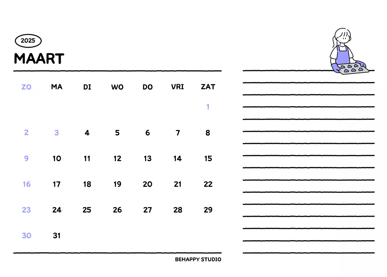 Geïllustreerde kalender met een mooie lijnstijl