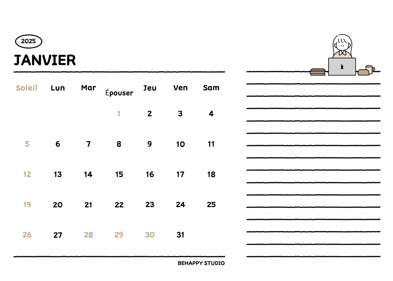 Calendrier illustré avec un joli style de lignes