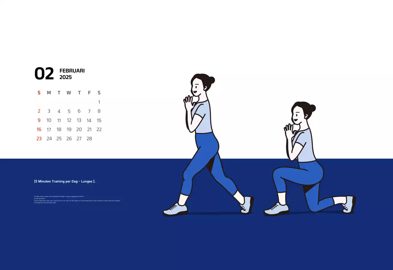 Eenvoudige kalender met blauwe, strakke illustraties