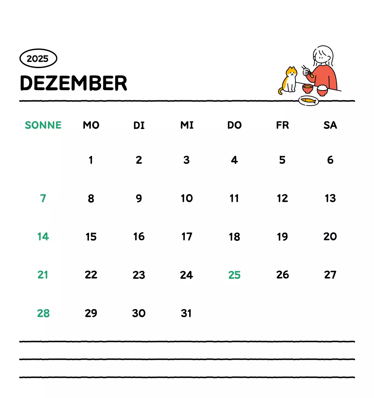 Illustrierter Kalender mit schönem Linienstil